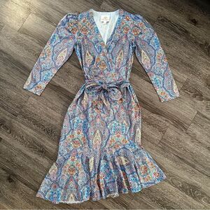 Nicoblu Marielle Midi Ruffle Dress In Kaleidoscope Paisley New